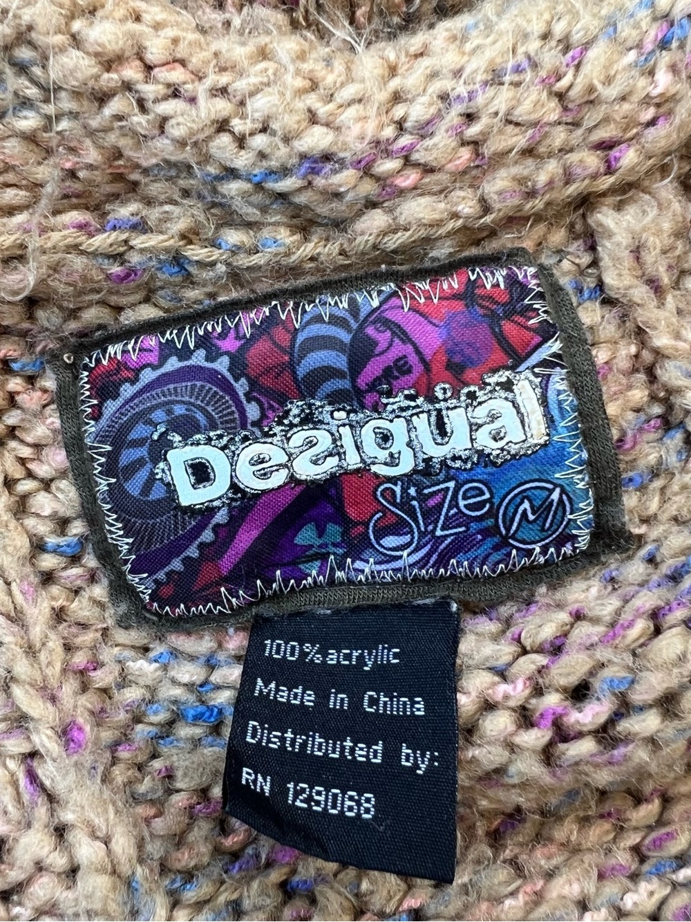 Desigual Tan Knit Sweater with Multicolor Yarn Accents Women’s Medium - Picture 8 of 9